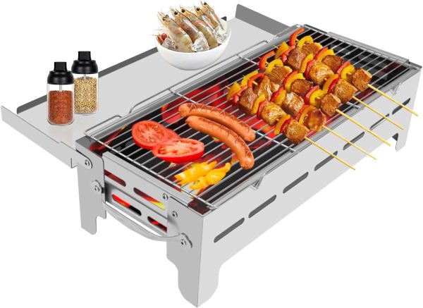 Portable Charcoal Grill - Stainless Steel Foldable Small Grill for 2-6 People, Tabletop Outdoor BBQ Grill for Travel Cooking, Camping, Patio Party Backyard