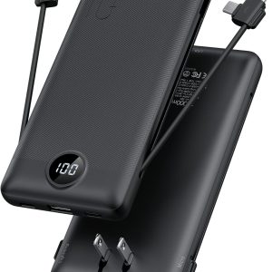 Portable Charger Built-in Cables and AC Wall Plug, USB C Power Bank 10000mAh, [2023 Upgraded Version] VRURC Phone Charger Compact Lightweight External Battery Pack for Smart Phones, Tablets-Pure Black