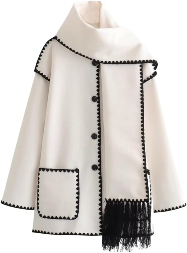 Women's Embroidered Scarf Jacket Oversized Button Down Wool Blend Coat Mid Long Outerwear with Tassel Scarf